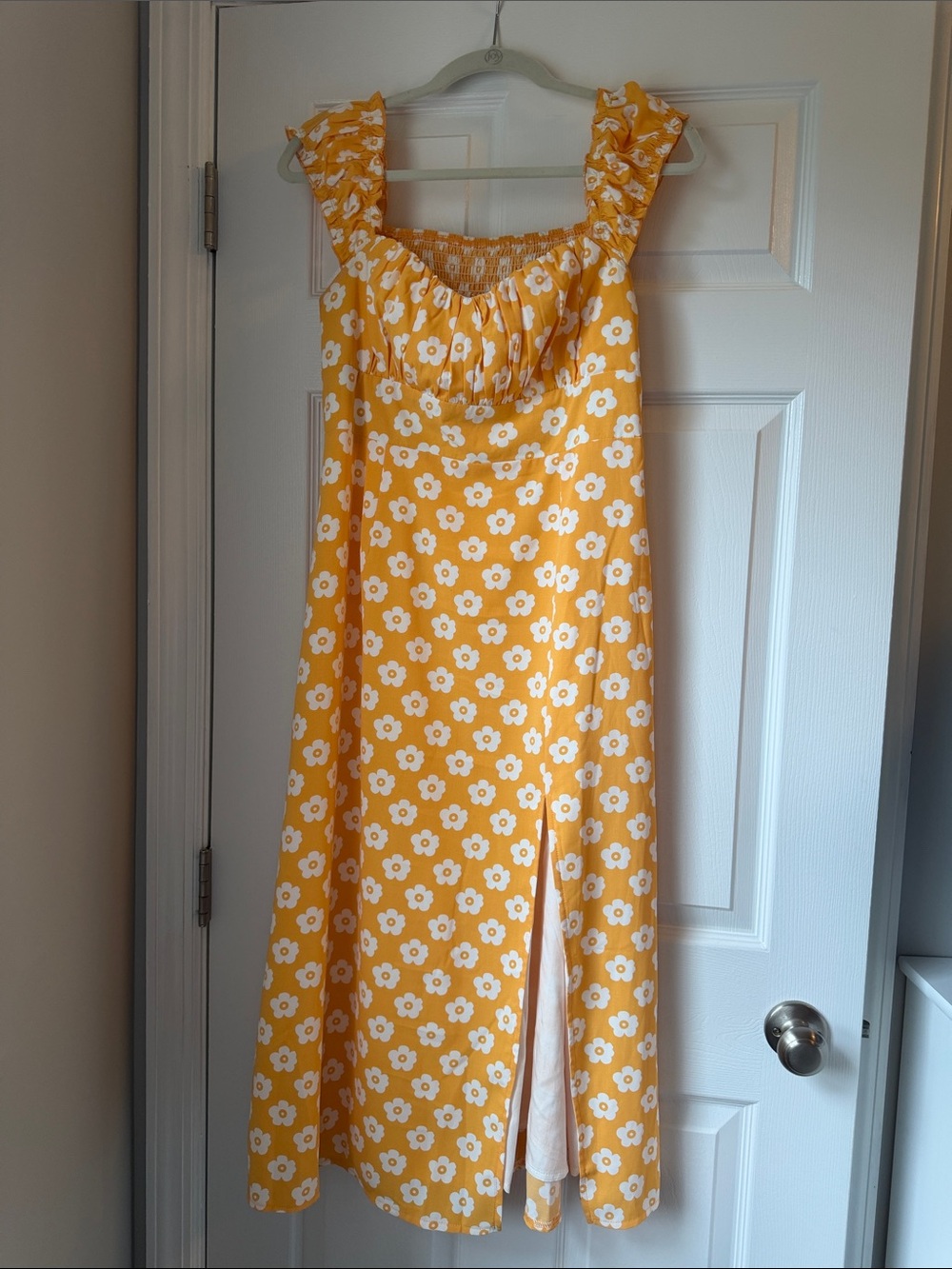 Hello Molly Off-The-Shoulder Yellow Daisy Midi Dress with Side Slit